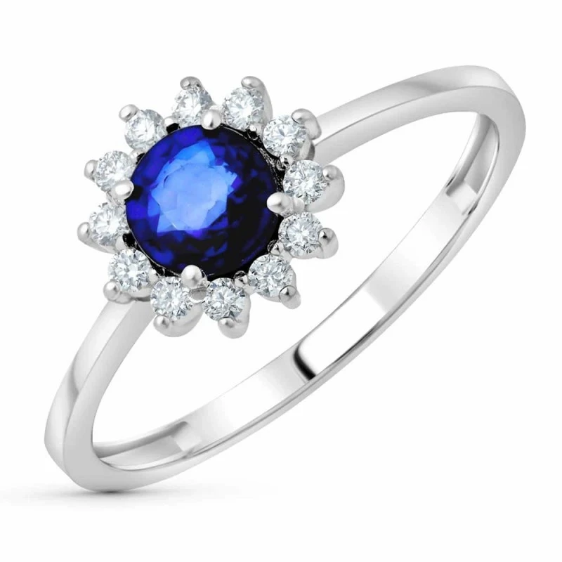 Sortija Oro Blanco 18k mujer zafiro 5 mm. 0.56ct. combinado 12 diaman