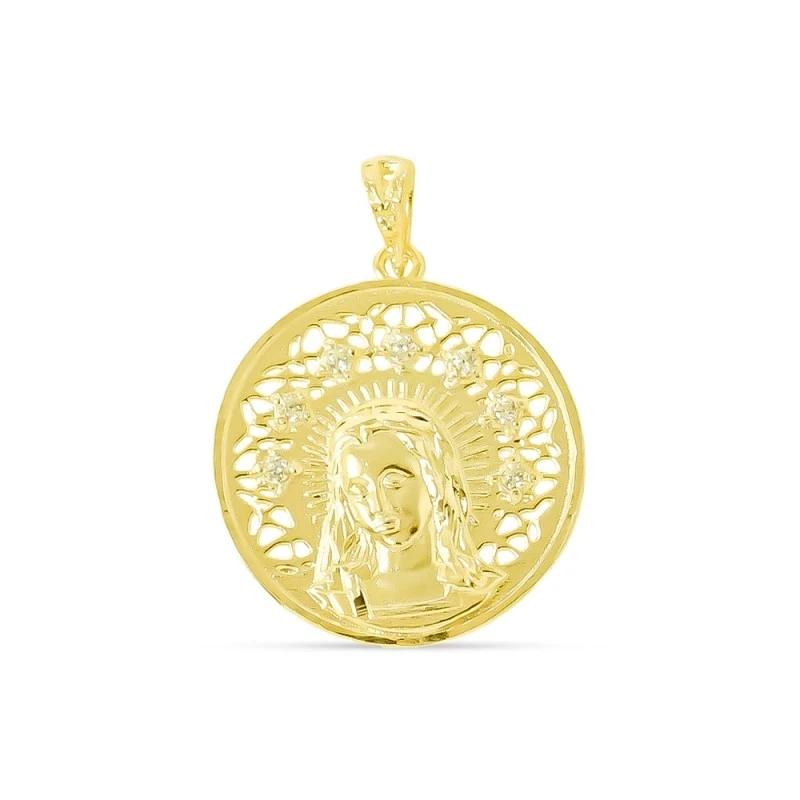 Virgen Niña Medalla Plata Ley 925m maciza 24 mm. chapada oro calada c