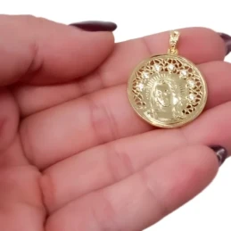 Virgen Niña Medalla Plata Ley 925m maciza 24 mm. chapada oro calada c