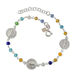 San Benito Pulsera Plata Ley 925m 17 cm. piedras color tres medallas