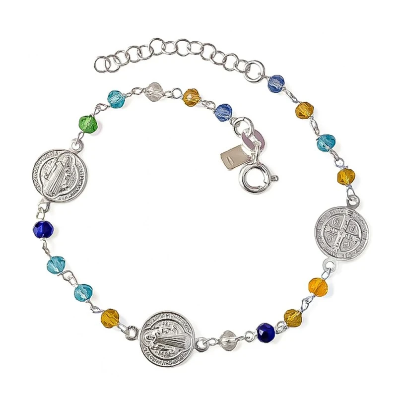 San Benito Pulsera Plata Ley 925m 17 cm. piedras color tres medallas