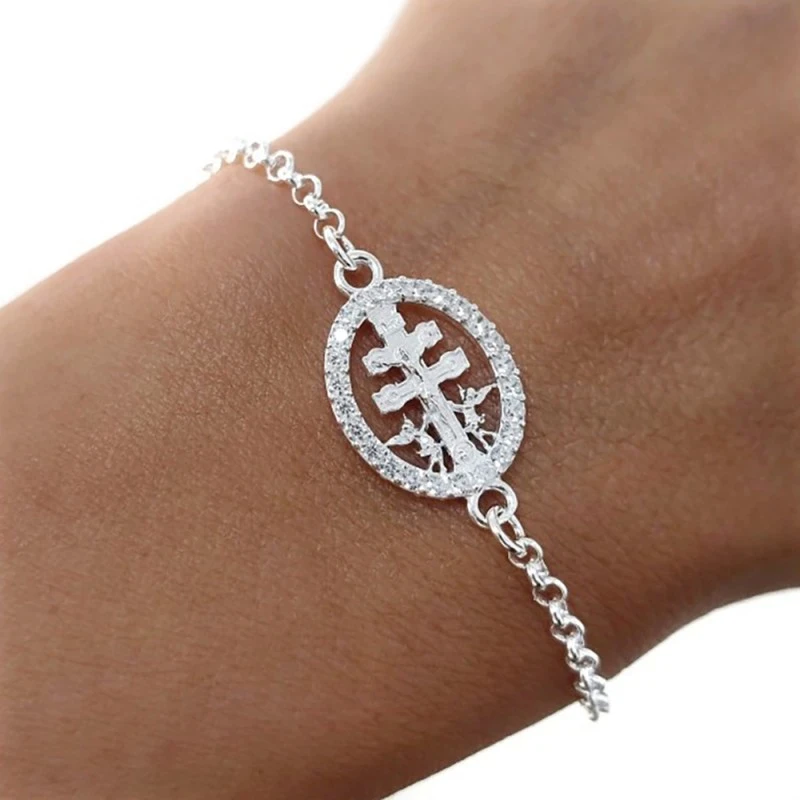 Cruz Caravaca Pulsera Plata Ley 925m 17 cm. cadena rolo 2.5 mm. cerco