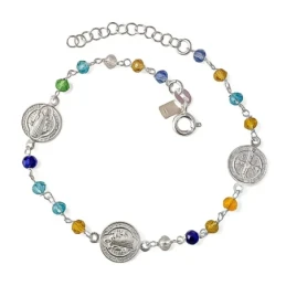 San Benito Pulsera Plata Ley 925m 17 cm. medalla 10 mm. piedras color