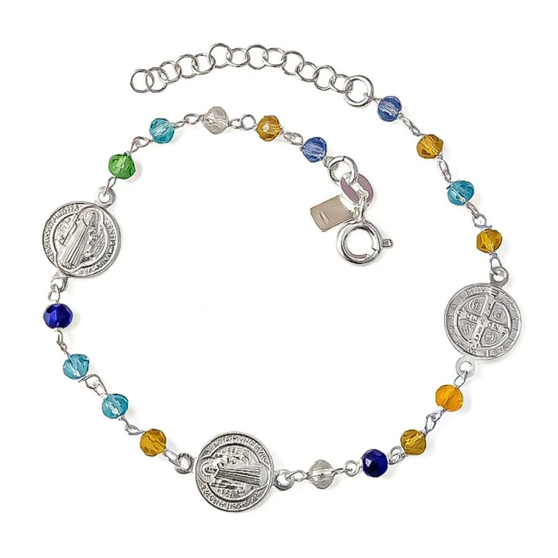 San Benito Pulsera Plata Ley 925m 17 cm. medalla 10 mm. piedras color