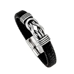 Pulsera Acero Inoxidable 316L hombre 21.5 cm. cuero negro 12 mm. tren