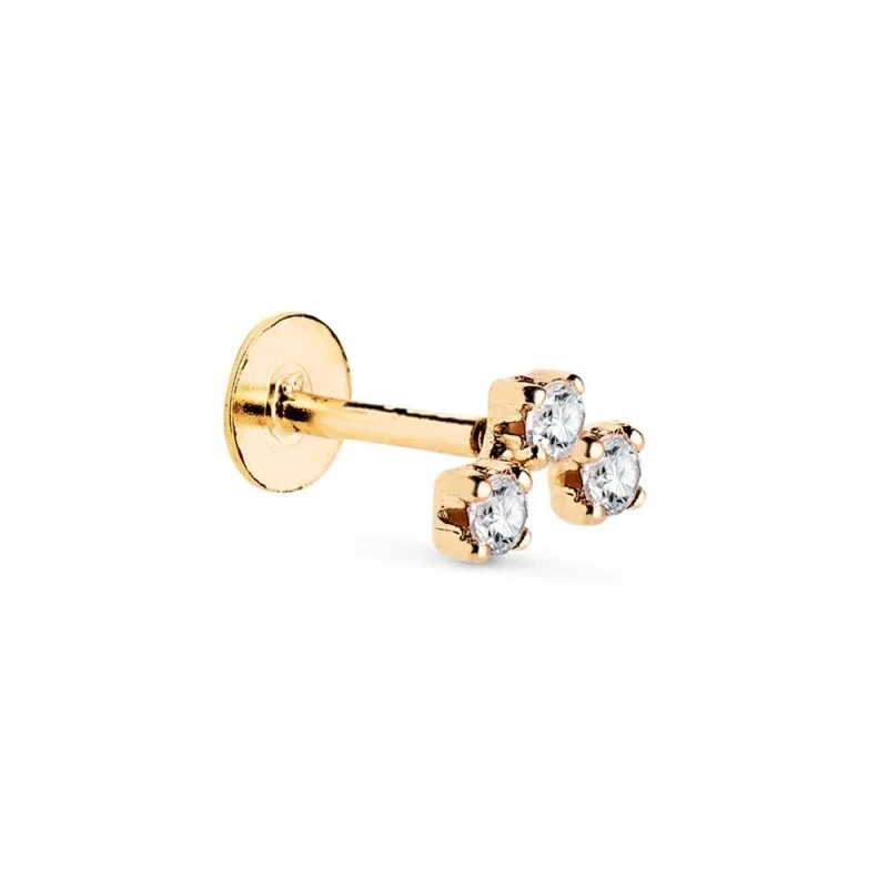 Piercing Pendiente para Oreja en Oro 18k de 6.5 mm. con tres circonit