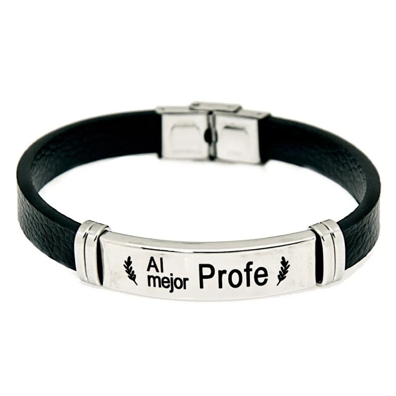 Pulsera Acero Inoxidable 316L hombre 20.5 cm. cuero negro 9 mm. mensa