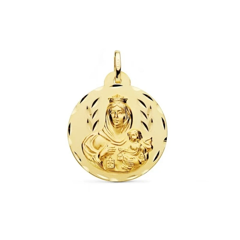 Virgen del Carmen Medalla de Oro 18k de 26 mm. tallada. Grabación inc