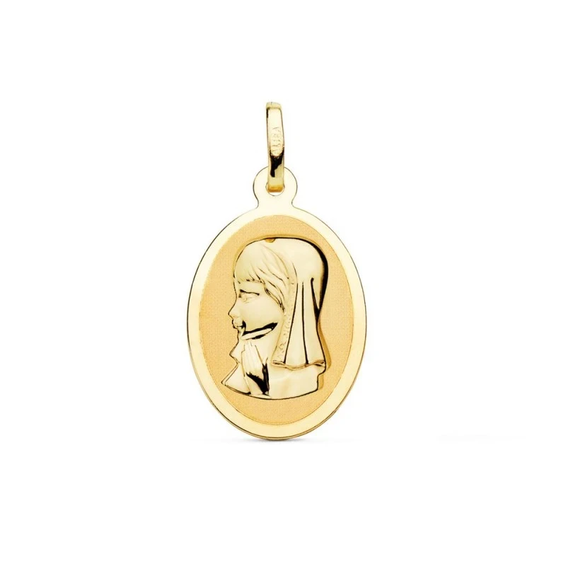 Virgen Niña Medalla Oro 18k para Primera Comunión 23 mm. forma ovalad