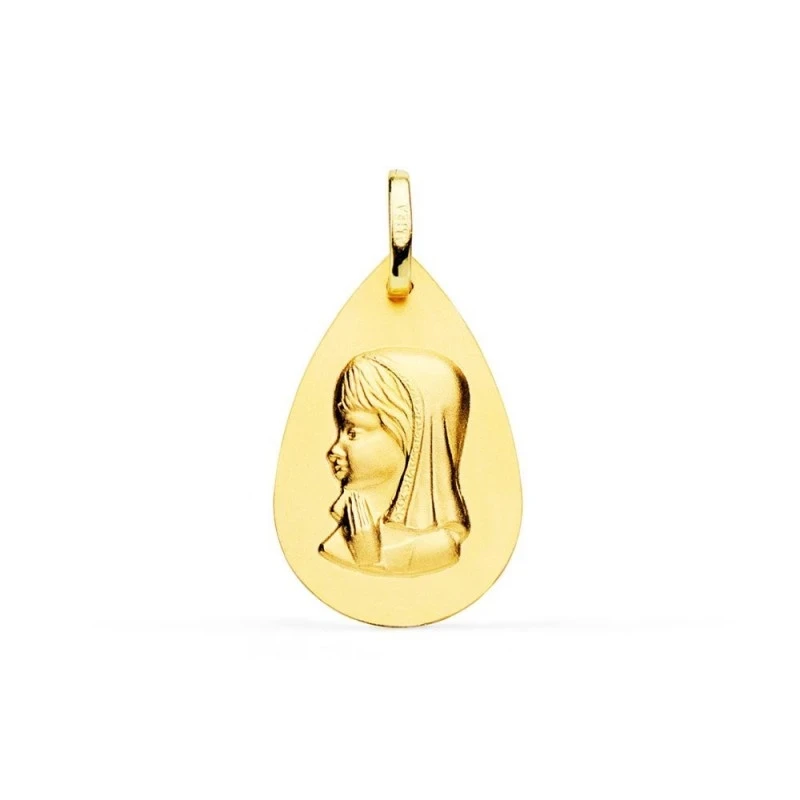 Virgen Niña Medalla Oro de 18k para Primera Comunión de 23 mm. forma