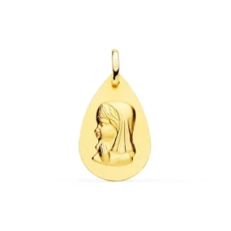 Virgen Niña Medalla Oro de 18k para Primera Comunión de 23 mm.. Graba