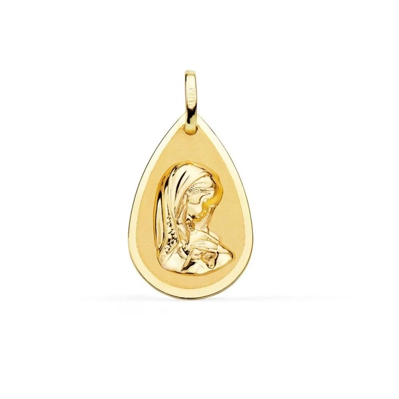 Virgen Niña Medalla Oro 18k Primera Comunión 23mm. forma gota mate. G