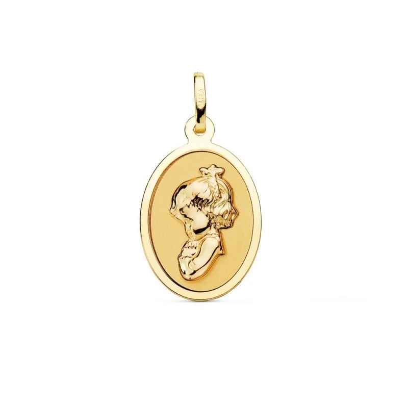 Virgen Niña Medalla Oro 18k Primera Comunión 21 mm. ovalada brillo. G