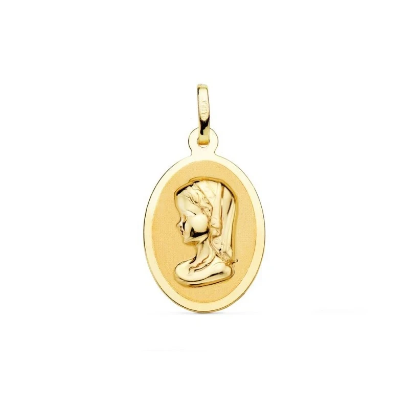 Virgen Niña Medalla de Oro 18k para Primera Comunión en 21 mm. acabad