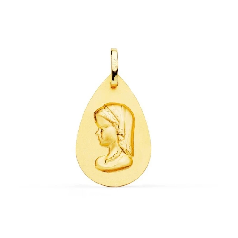 Virgen Niña Medalla en Oro de 18k con 23 mm. en forma de gota y lisa.