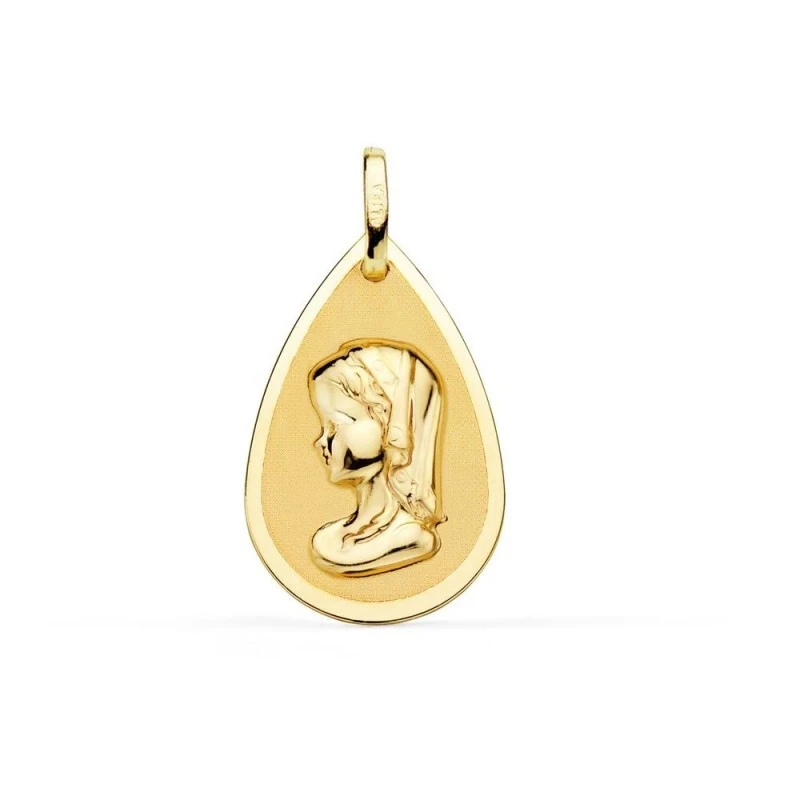 Virgen Niña Medalla Oro de 18k con 23 mm. forma de gota brillo y mate