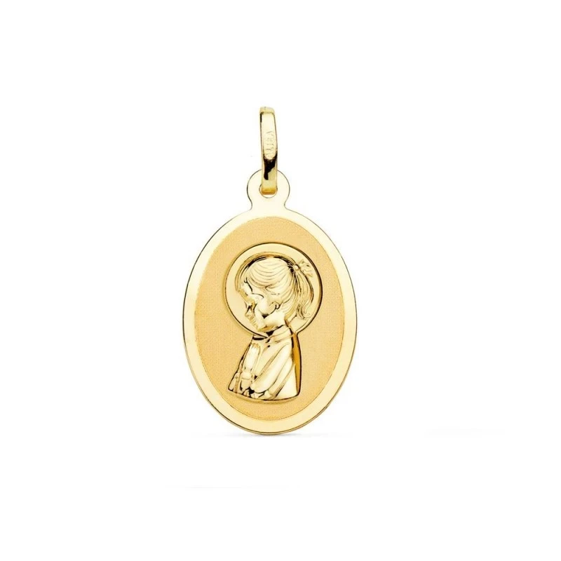 Virgen Niña Medalla de Oro 18k para Primera Comunión en 21 mm. acabad
