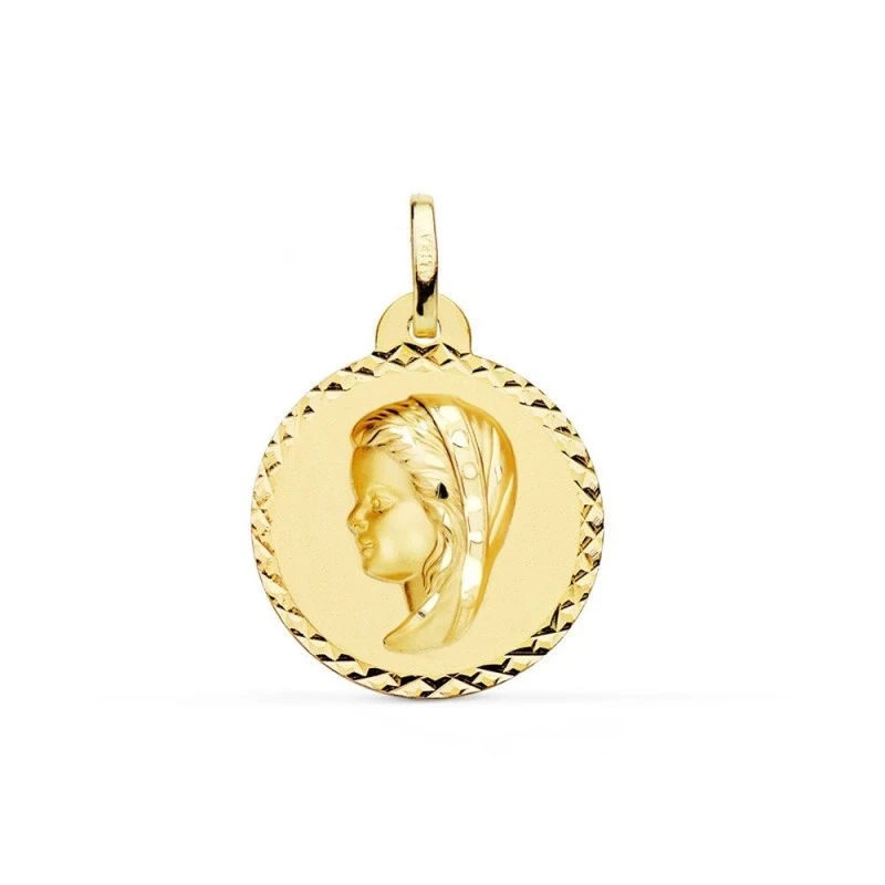 Virgen Niña Medalla en Oro de 18k para Primera Comunión con 22 mm. y