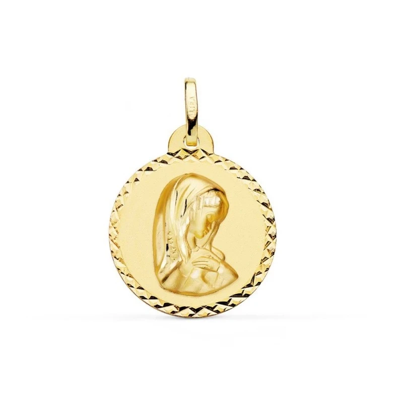 Virgen Niña Medalla de Oro 18k para Primera Comunión de 22 mm. borde