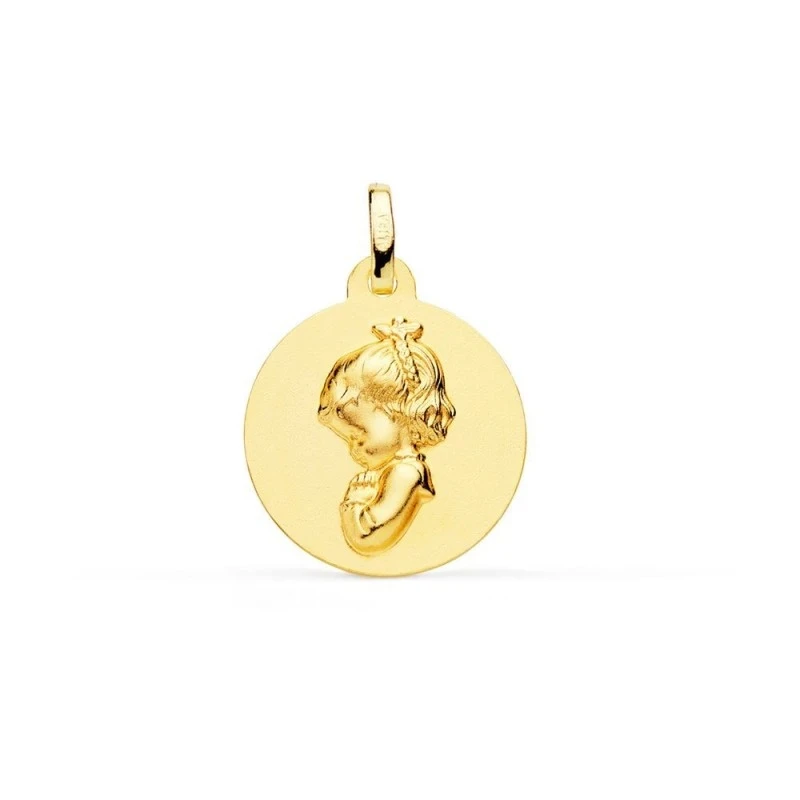 Virgen Niña Medalla de Oro 18k para Primera Comunión en 18 mm. lisa