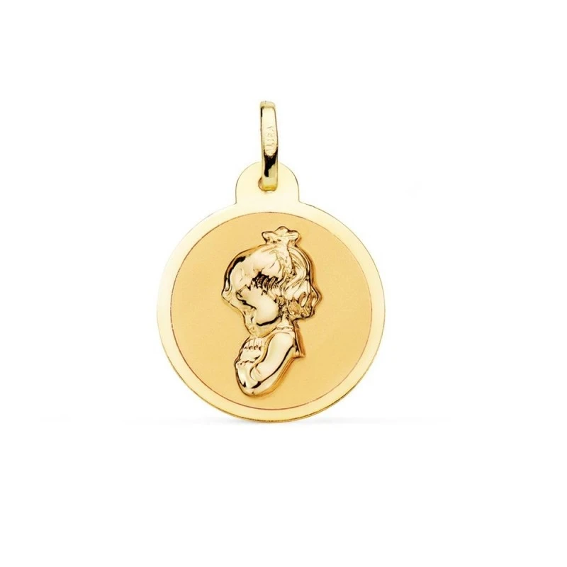 Virgen Niña Medalla de Oro 18k para Primera Comunión en 20 mm. lisa.