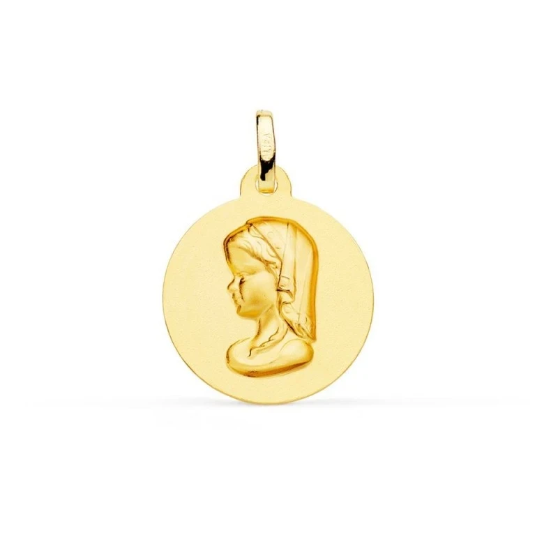 Virgen Niña Medalla de Oro 18k para Primera Comunión en 18 mm. matiza