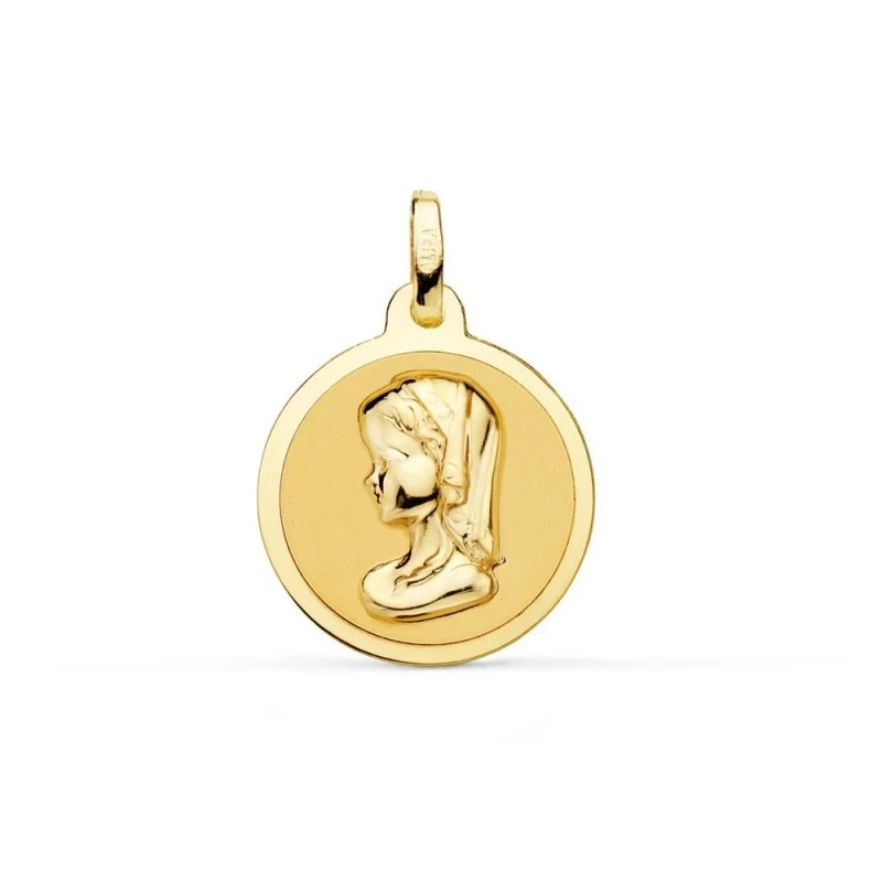 Virgen Niña Medalla de Oro 18k para Primera Comunión en 18 mm. rezand
