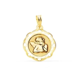 Ángel Burlón Medalla en Oro de 18k con 17 mm. en brillo cerco calado.