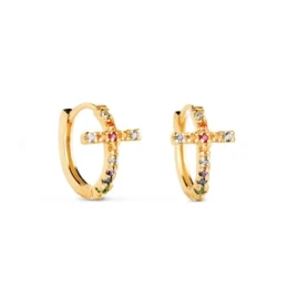 Aros Pendientes con Cruzen Oro de 18k con 11 mm. y circonitas de colo