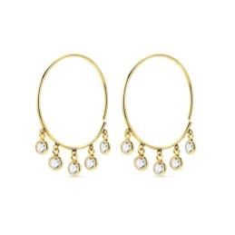 Aros Pendientes en Oro de 18k en 20 mm. con cinco circonitas colgante