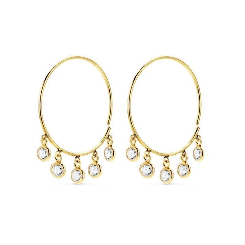 Aros Pendientes en Oro de 18k en 20 mm. con cinco circonitas colgante