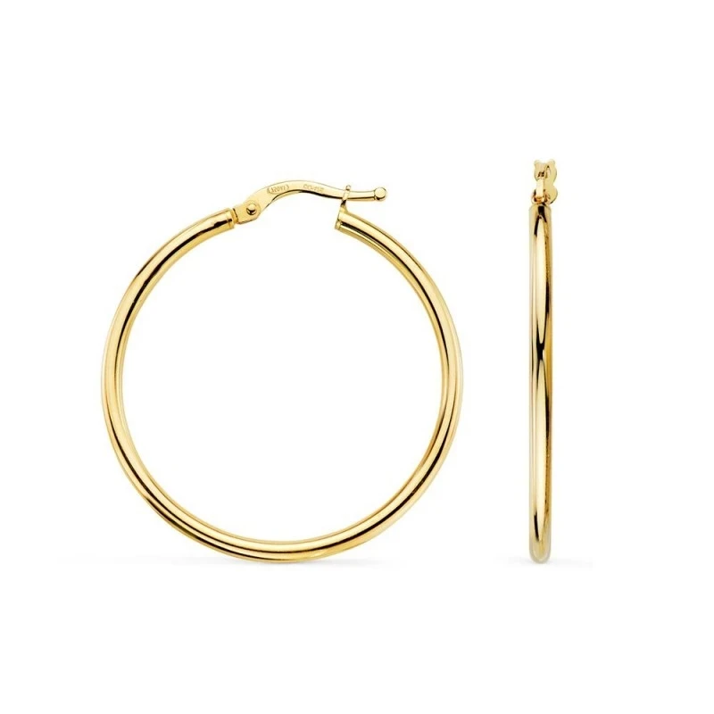 Aros Pendientes en Oro de 18k con 34 mm. con tubo redondo liso y un g