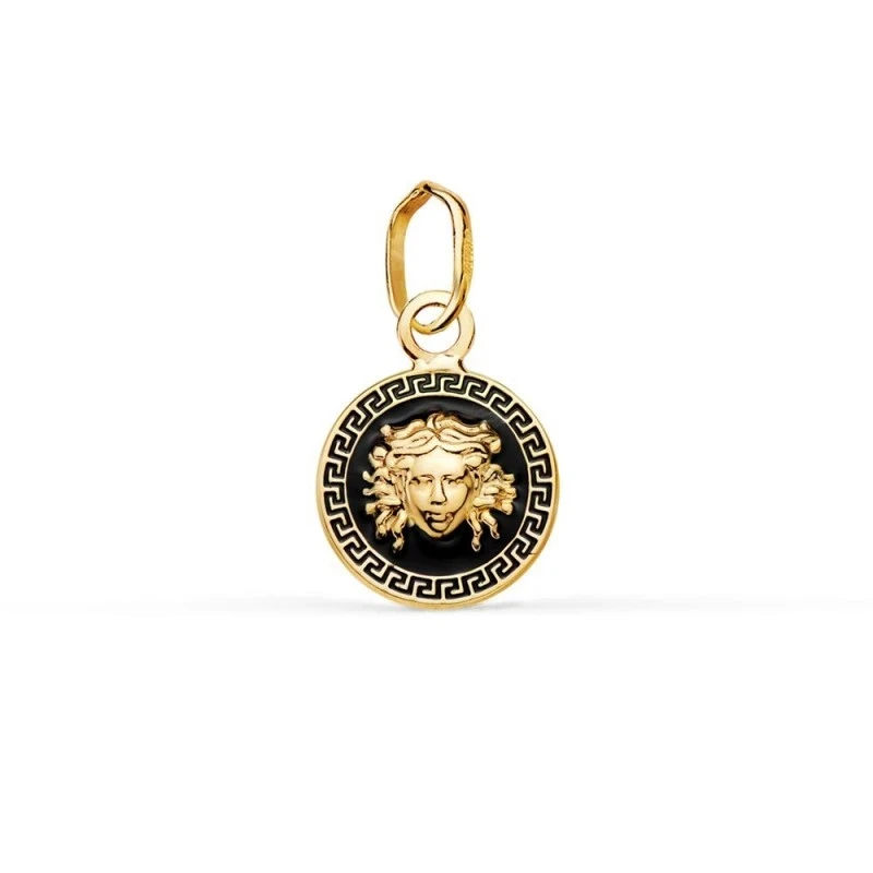 Colgante en Oro de 18k con 10 mm. esmaltado negro con medusa y detall