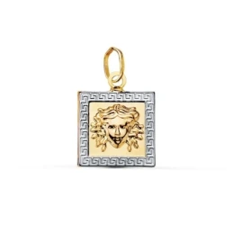 Colgante en Oro de 18k cuadrado de 12 mm. y medusa en el centro con u