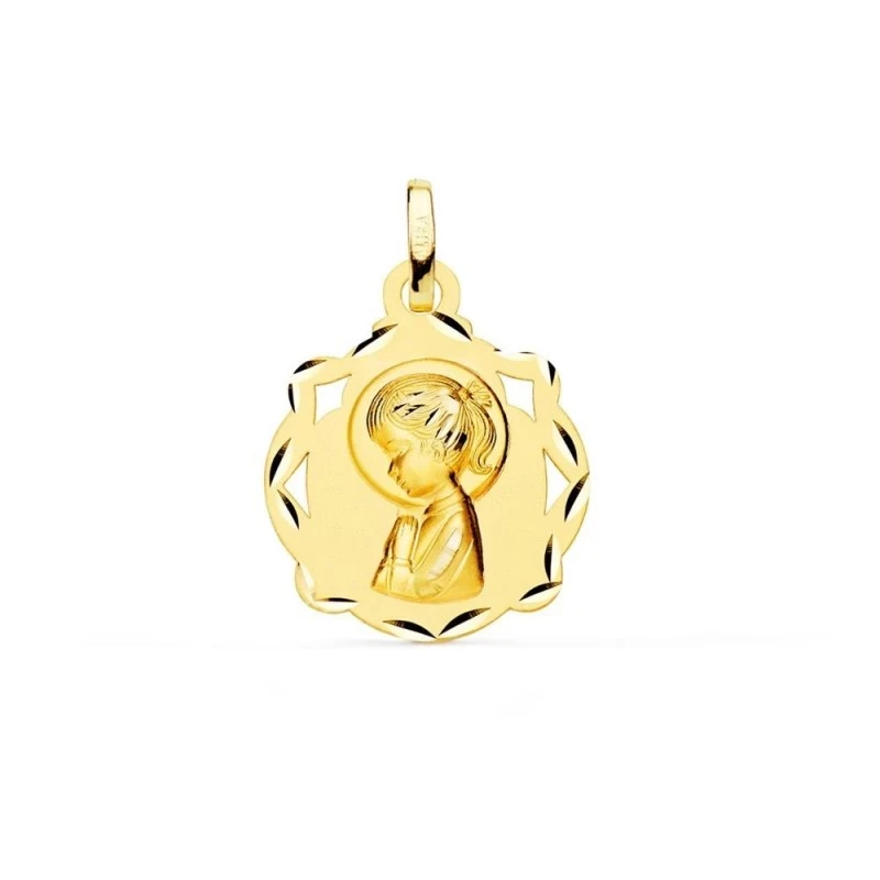 Virgen Niña Medalla en Oro de 18k para Primera Comunión 17 mm. matiza