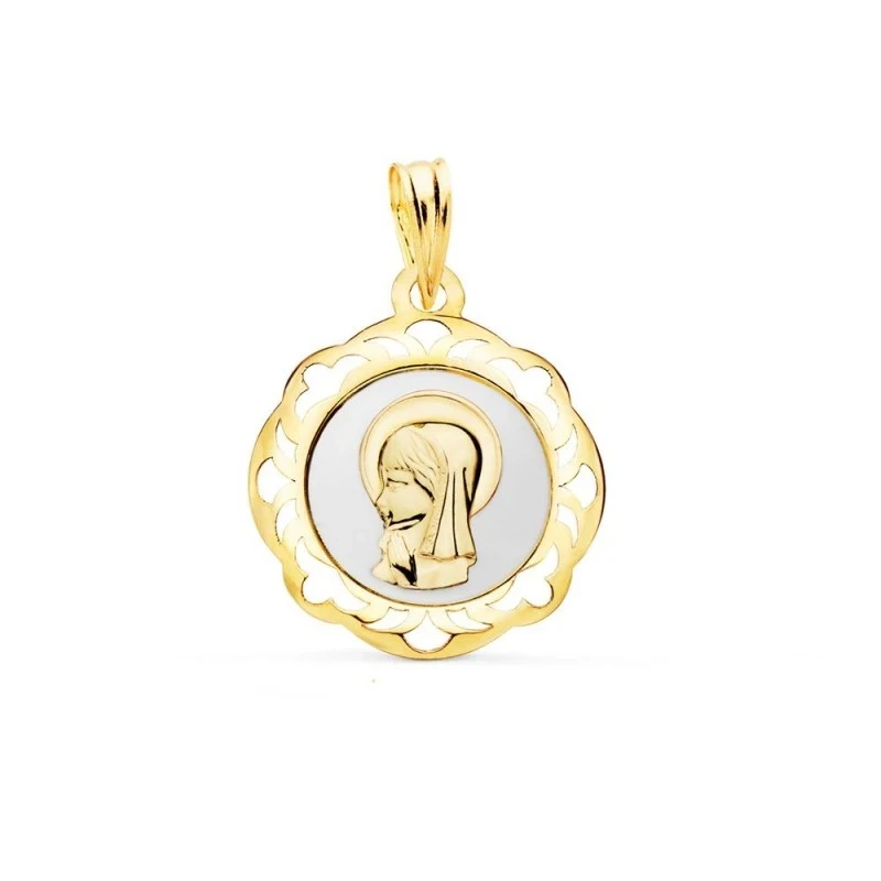 Virgen Niña Medalla en Oro de 18k para Primera Comunión 20 mm. esmalt