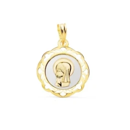 Virgen Niña Medalla en Oro 18k Primera Comunión 20 mm.. Grabación inc