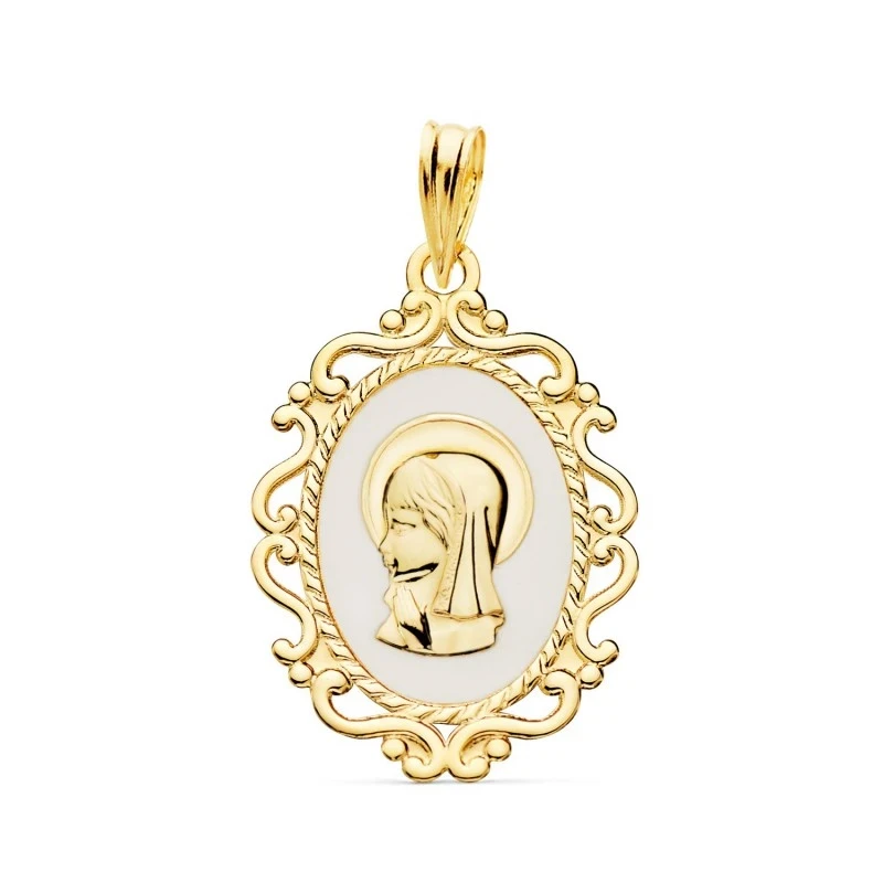 Virgen Niña Medalla en Oro de 18k para Primera Comunión de 23 mm. fon