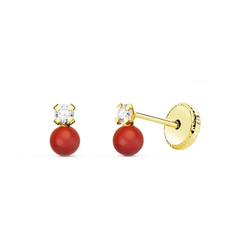 Pendientes de Oro de 18k Tu y Yo de 5 mm. circonita con coral