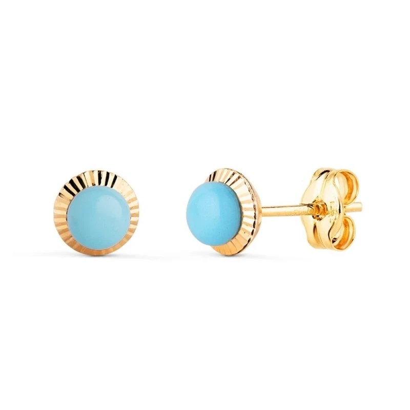 Pendientes en Oro de 18k con 6 mm. piedra turquesa en el centro con b