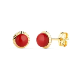 Pendientes en Oro de 18k con 7 mm. piedra de coral en el centro con b