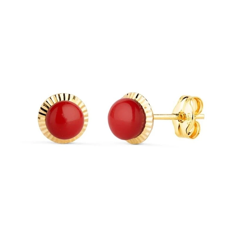 Pendientes en Oro de 18k con 7 mm. piedra de coral en el centro con b