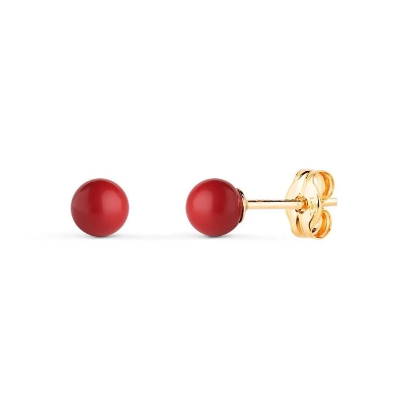 Pendientes en Oro de 18k con 4 mm. y piedra piedra coral