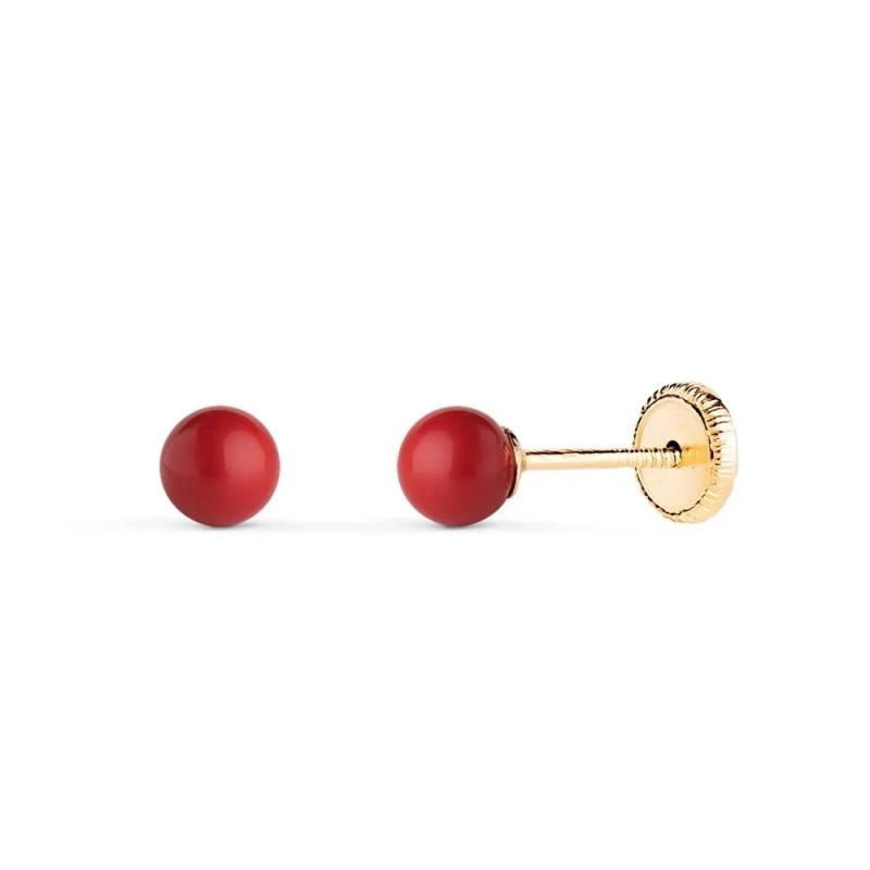 Pendientes en Oro de 18k con piedra coral de 4 mm.