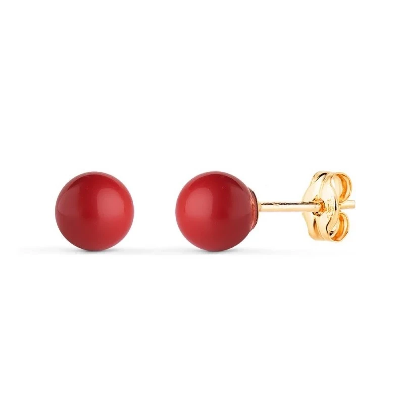 Pendientes en Oro de 18k con piedra coral de 6 mm.