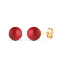 Pendientes en Oro de 18k con piedra coral de 7 mm.