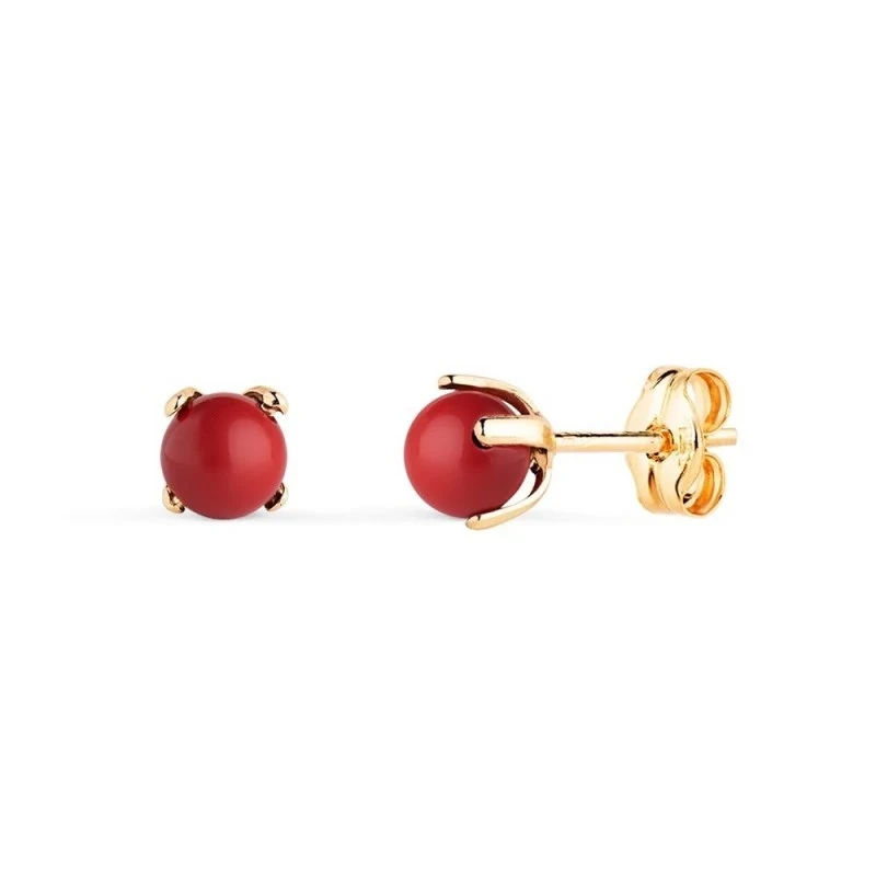 Pendientes en Oro de 18k con piedra coral de 4 mm. con garras