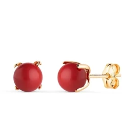 Pendientes en Oro de 18k con piedra coral de 6 mm. con garras