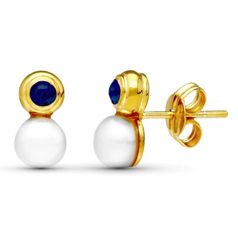 Pendientes en Oro de 18k de 10 mm. con perla y piedra azul
