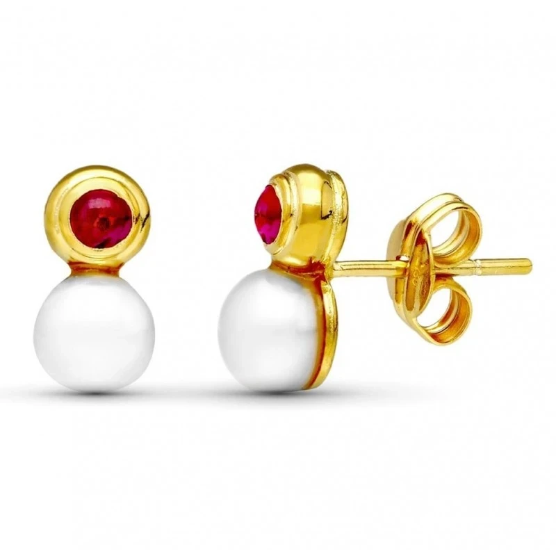 Pendientes en Oro de 18k de 10 mm. con perla y piedra roja